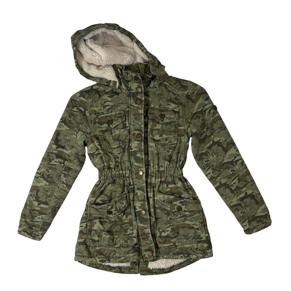 Urban Republic Girls Camo Floral Utility Jacket Faux Fur Lined Green S 7/8 5808